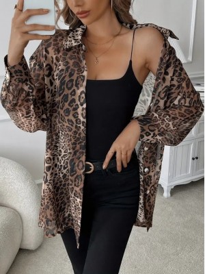 قميص شيفون نسائي بأكمام طويلة وياقة وأزرار