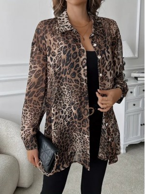 قميص شيفون نسائي بأكمام طويلة وياقة وأزرار