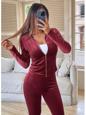 Kadın Uzun Kollu önden Fermuarlı Kadife Bluz Ve Pantolon Ikili Takım