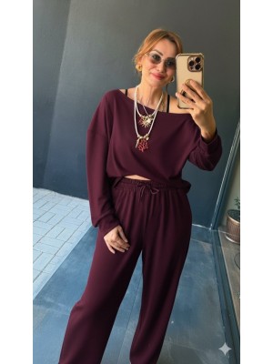 Women's Long Sleeve One Shoulder Open Viscose Two Yarn Blouse and Trousers Two Piece Set