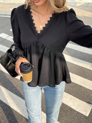 بلوزة Aerobin نسائية بأكمام طويلة وياقة من الدانتيل على شكل حرف V