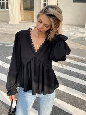 بلوزة Aerobin نسائية بأكمام طويلة وياقة من الدانتيل على شكل حرف V