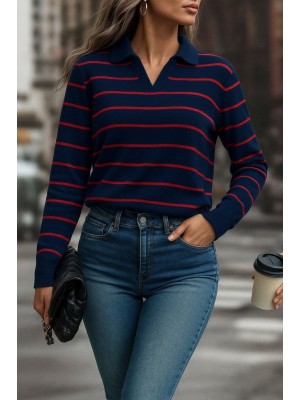 Kadın Uzun Kollu V Yaka çizgili Triko Bluz