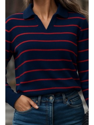 Kadın Uzun Kollu V Yaka çizgili Triko Bluz