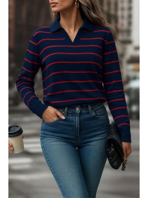 Kadın Uzun Kollu V Yaka çizgili Triko Bluz