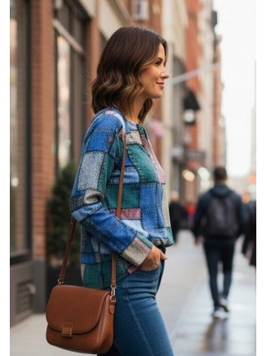 Kadın Uzun Kollu Yakadan Fermuarlı Kot Görünüm Desenli Uzun Modal Bluz