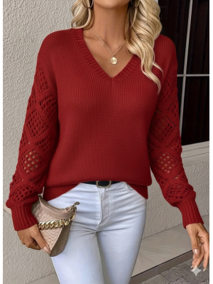 Women's Long Sleeve V-Neck Armhole Diamond Pattern Detailed Knitwear Sweater