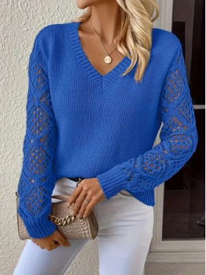 Kadın Uzun Kollu V Yaka Kol Delikli Baklava Desen Detaylı Triko Kazak