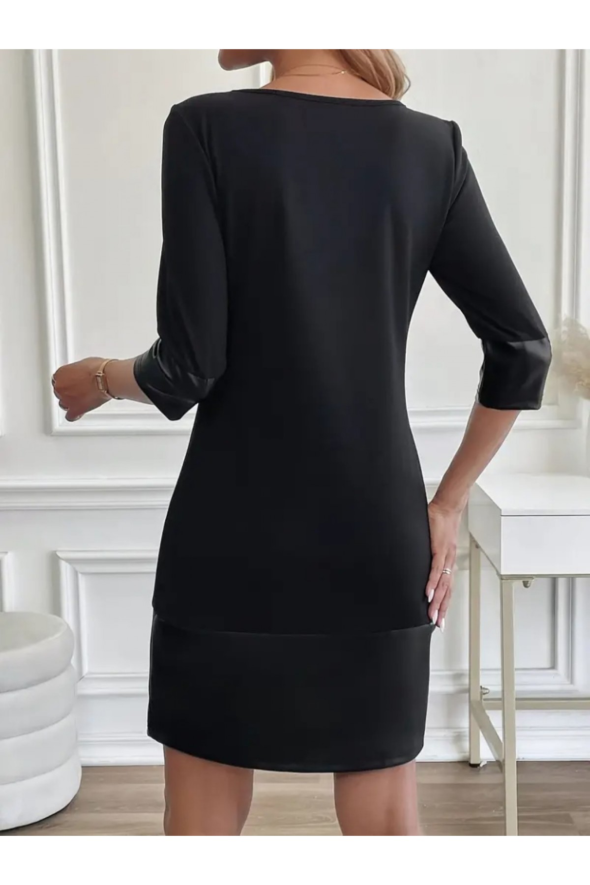 Women's Long Sleeve Crew Neck Leather Detailed Imported Crepe Dress