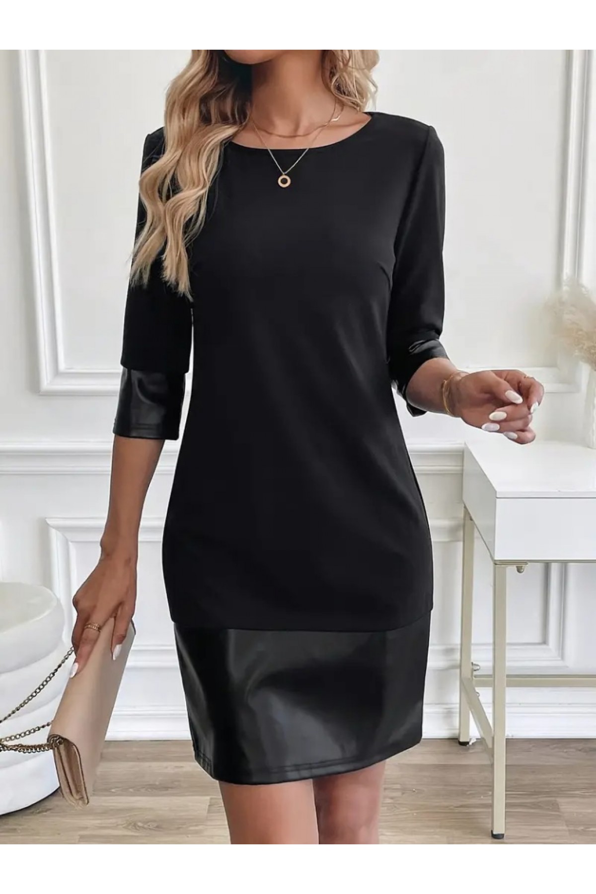 Women's Long Sleeve Crew Neck Leather Detailed Imported Crepe Dress