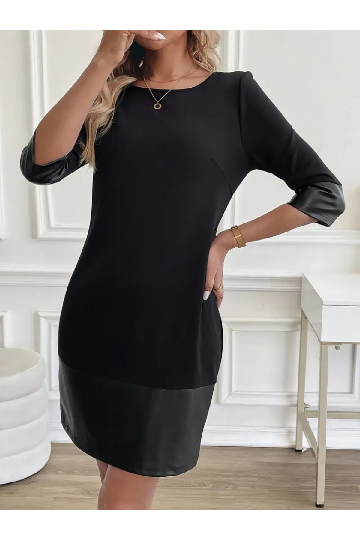 Women's Long Sleeve Crew Neck Leather Detailed Imported Crepe Dress