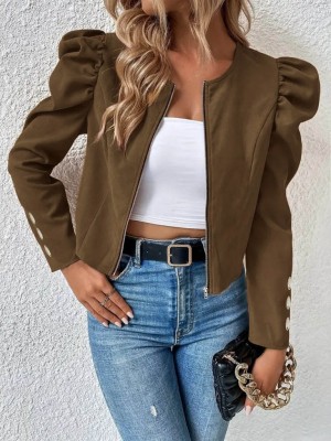 Women's Long Sleeve Front Zippered Balloon Sleeve Suede Jacket