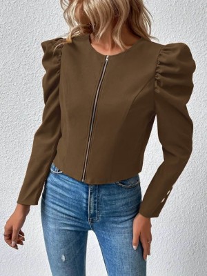 Women's Long Sleeve Front Zippered Balloon Sleeve Suede Jacket