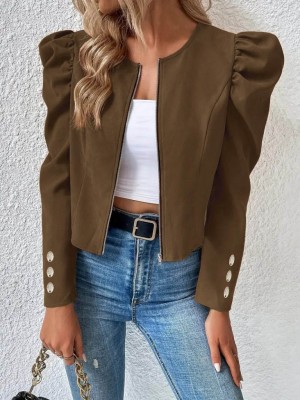 Women's Long Sleeve Front Zippered Balloon Sleeve Suede Jacket