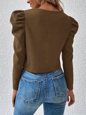 Women's Long Sleeve Front Zippered Balloon Sleeve Suede Jacket