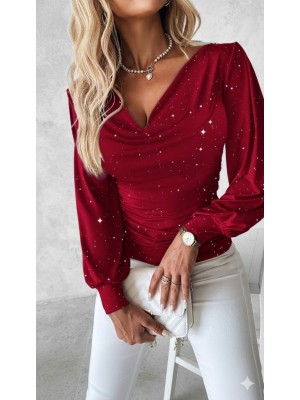 Kadın Uzun Kollu Degaje Yaka Taşlı Sandy Bluz