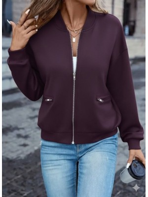 Women's Long Sleeve Zippered Front Pocket Modal Plum Jacket