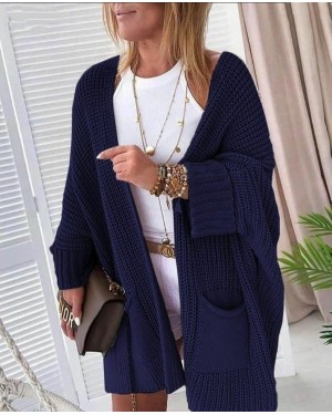 Oversize Pattern Pocket Casual Knit Cardigan Navy Blue