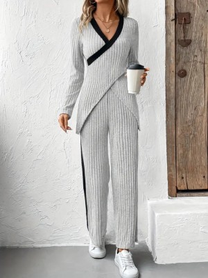 Women's Long Sleeve V-Neck Cross Detailed Raised Camisole Blouse and Trousers Two Piece Set