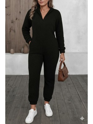 Women's Long Sleeve Hooded Rabbit Ear Detailed Plush Jumpsuit