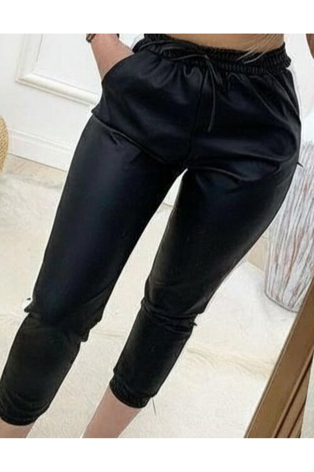 Women's High Waist Elastic Side Stripe Detailed Leather Trousers
