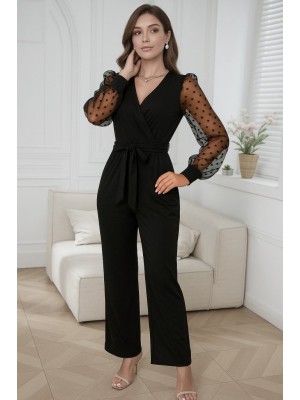 Kadın Uzun Kollu Kolları Tül Detaylı Kruvaze Yakalı Beli Kuşaklı Ithal Krep Tulum