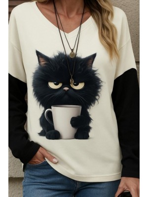 Kadın Uzun Kollu V Yakalı Kedi Baskılı şardonlu Dalgıç Bluz