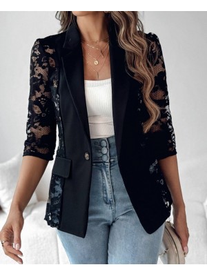 Kadın Uzun Kollu Truvakar Kol önden Düğmeli Cepli Dantelli Atlas Ceket