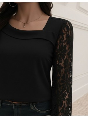 Kadın Uzun Kollu Asimetrik Yakalı Dantelli Ithal Krep Bluz
