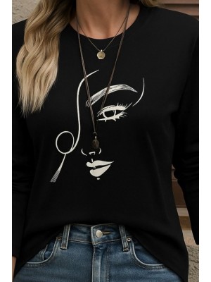 Kadın Uzun Kollu Bisiklet Yaka Yüz Desenli Viskon Bluz