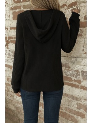 Kadın Uzun Kollu Kapşonlu önü Düğmeli Ve Bağcıklı Waffle Bluz