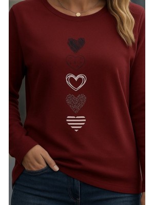 Kadın Uzun Kollu Bisiklet Yaka Desenli Viskon Bluz