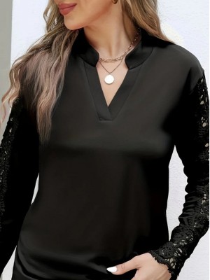 Kadın Uzun Kollu Hakim Yaka Kolları Dantel Detaylı Ithal Krep Bluz