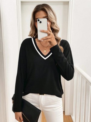 بلوزة نسائية من الفيسكوز بأكمام طويلة ورقبة على شكل حرف V وخيطين