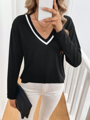 بلوزة نسائية من الفيسكوز بأكمام طويلة ورقبة على شكل حرف V وخيطين