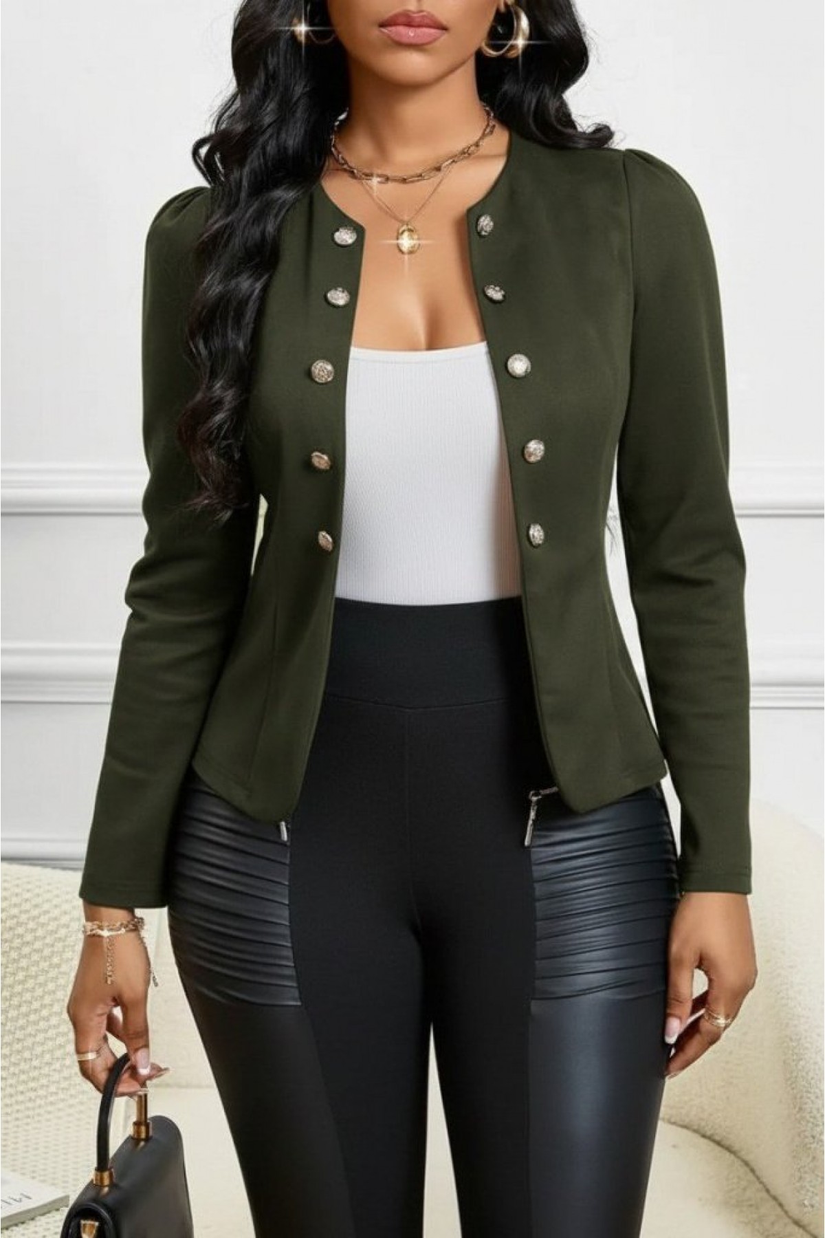 Women's Long-Sleeved Open-Front Button-Down Short Suede Jacket
