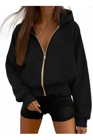 جاكيت نسائي بأكمام طويلة وغطاء رأس وسحاب أمامي مع جيب أمامي، مصنوع من قماش ناعم مزدوج الخيوط