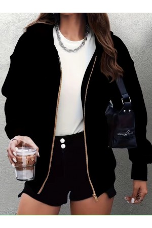 جاكيت نسائي بأكمام طويلة وغطاء رأس وسحاب أمامي مع جيب أمامي، مصنوع من قماش ناعم مزدوج الخيوط