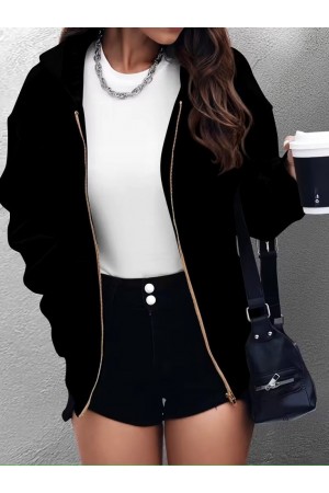 جاكيت نسائي بأكمام طويلة وغطاء رأس وسحاب أمامي مع جيب أمامي، مصنوع من قماش ناعم مزدوج الخيوط