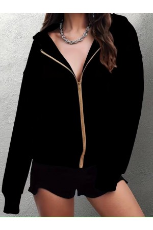 جاكيت نسائي بأكمام طويلة وغطاء رأس وسحاب أمامي مع جيب أمامي، مصنوع من قماش ناعم مزدوج الخيوط