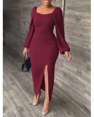 Women's Long-Sleeved Geometric Collar Side-Slit Long Shimmering Crepe Dress