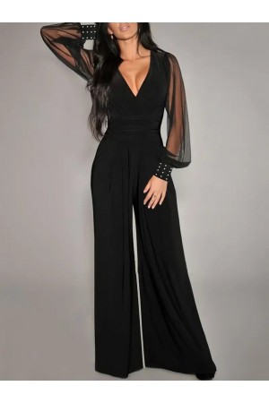 جمبسوت نسائي طويل الأكمام بياقة ملفوفة من الفسكوز وأكمام من التول