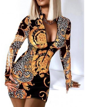 Women's Zipper Detail Scuba Fabric Patterned Dress