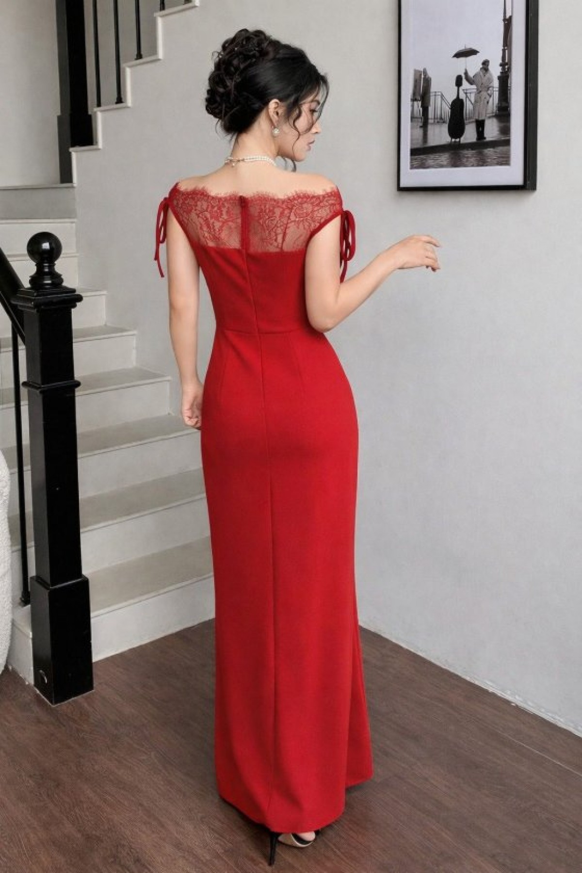Women's Long Imported Crepe Dress with Lace Detail on Bust and Neckline and Boat Neckline