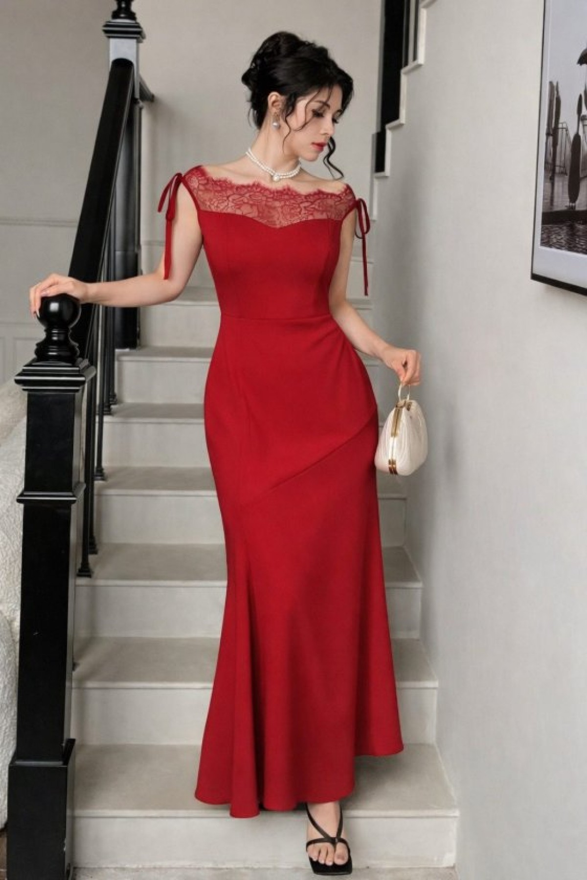 Women's Long Imported Crepe Dress with Lace Detail on Bust and Neckline and Boat Neckline