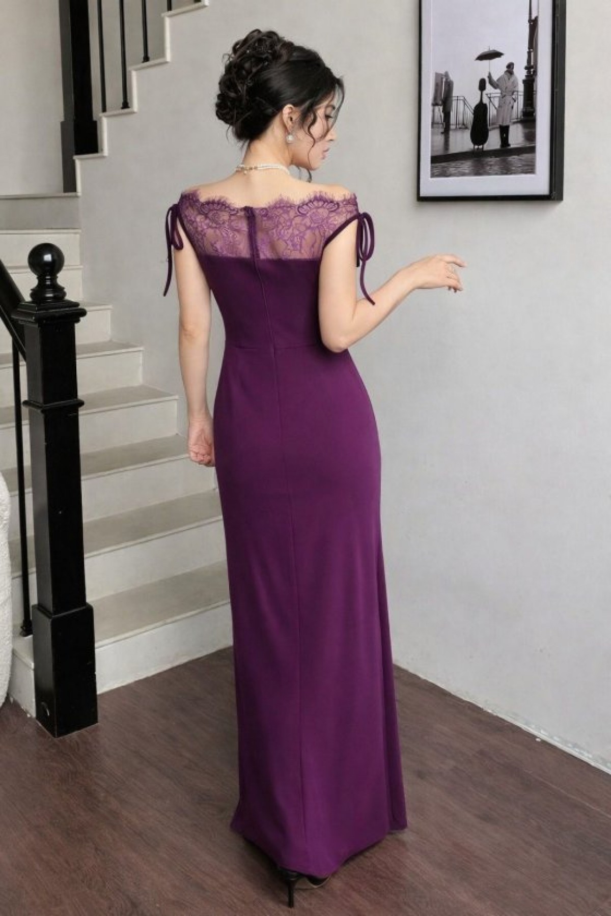 Women's Long Imported Crepe Dress with Lace Detail on Bust and Neckline and Boat Neckline