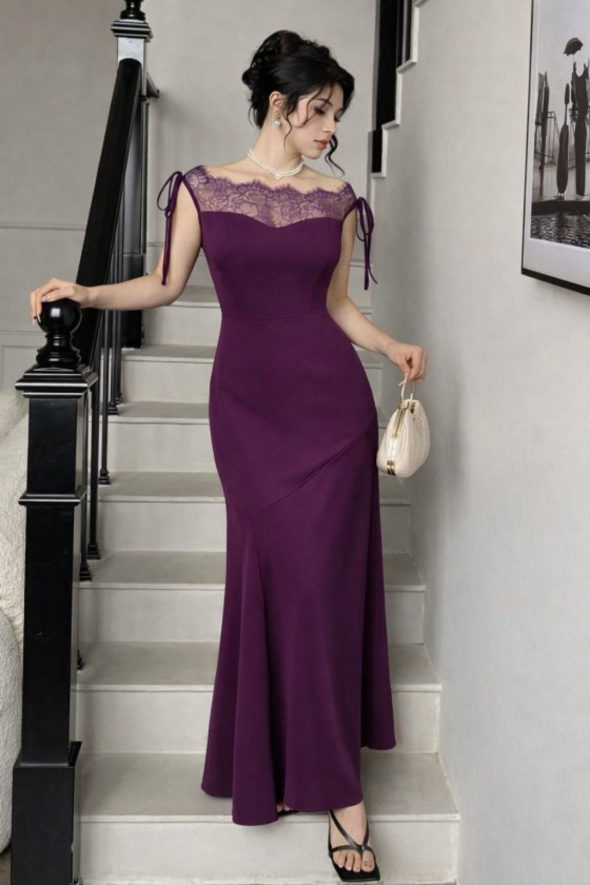 Women's Long Imported Crepe Dress with Lace Detail on Bust and Neckline and Boat Neckline