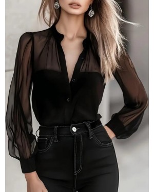 قميص نسائي محبوك بأكمام طويلة، وياقة ماندرين، وأزرار أمامية، وتفاصيل من التول