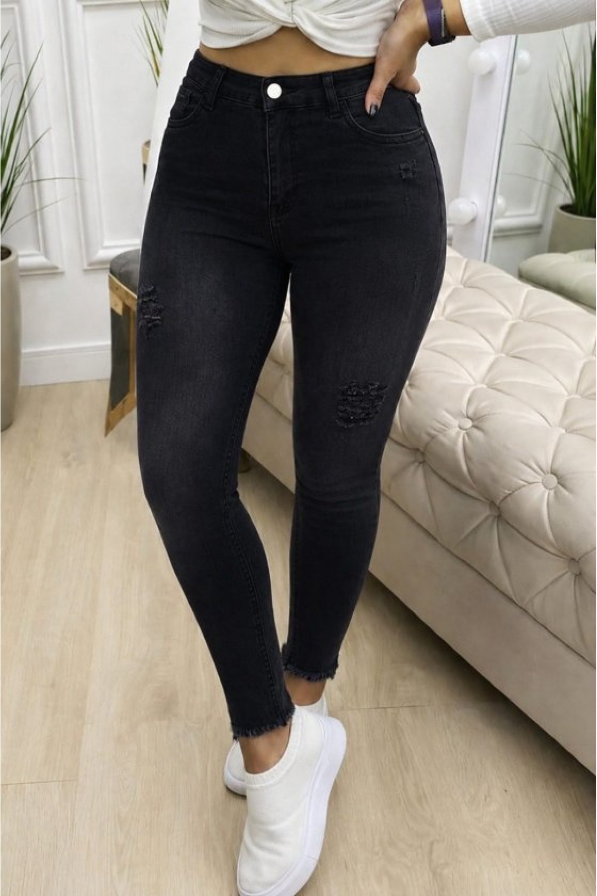 Women's High Waist Ripped Pattern Skinny Jeans
