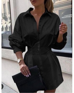 Women's Cotton Polyester Fabric Pleated Shirt Dress